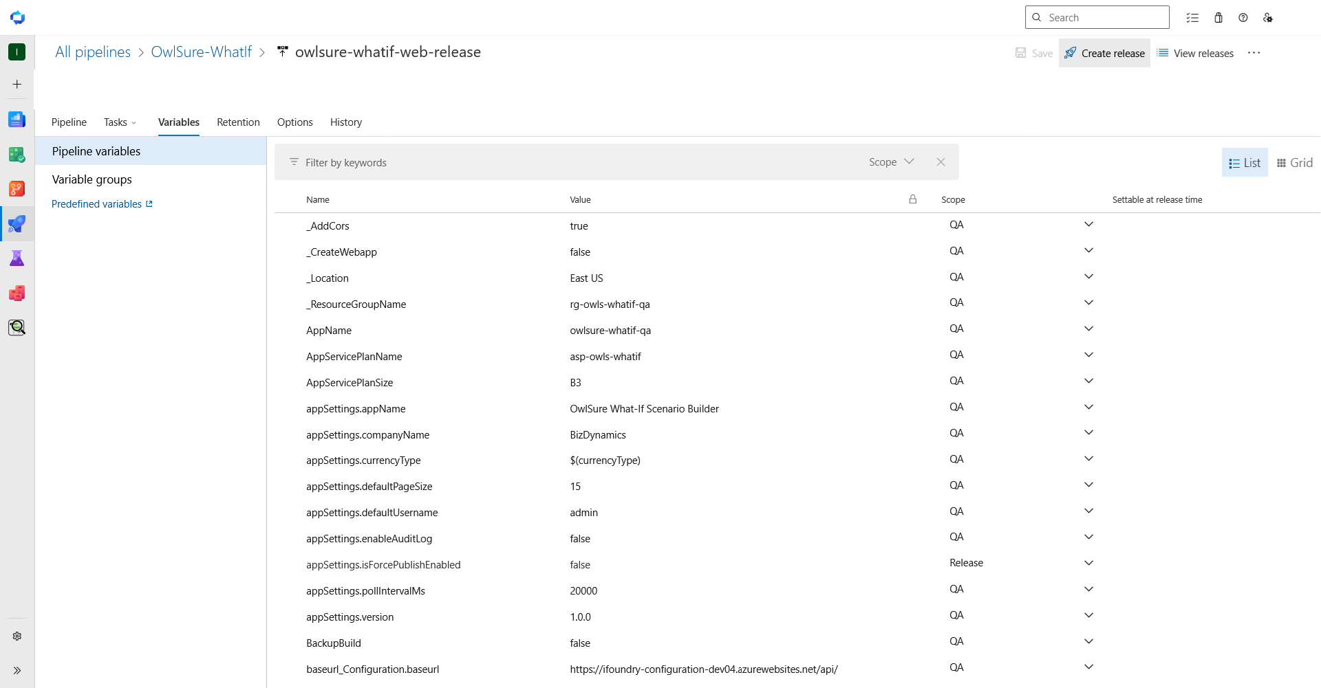 Web application pipeline variables